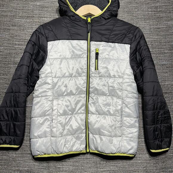 Eddie Bauer Jacket Kids M (10/12) Gray Black Full Zip Fleece Puffer Nylon - Picture 1 of 12